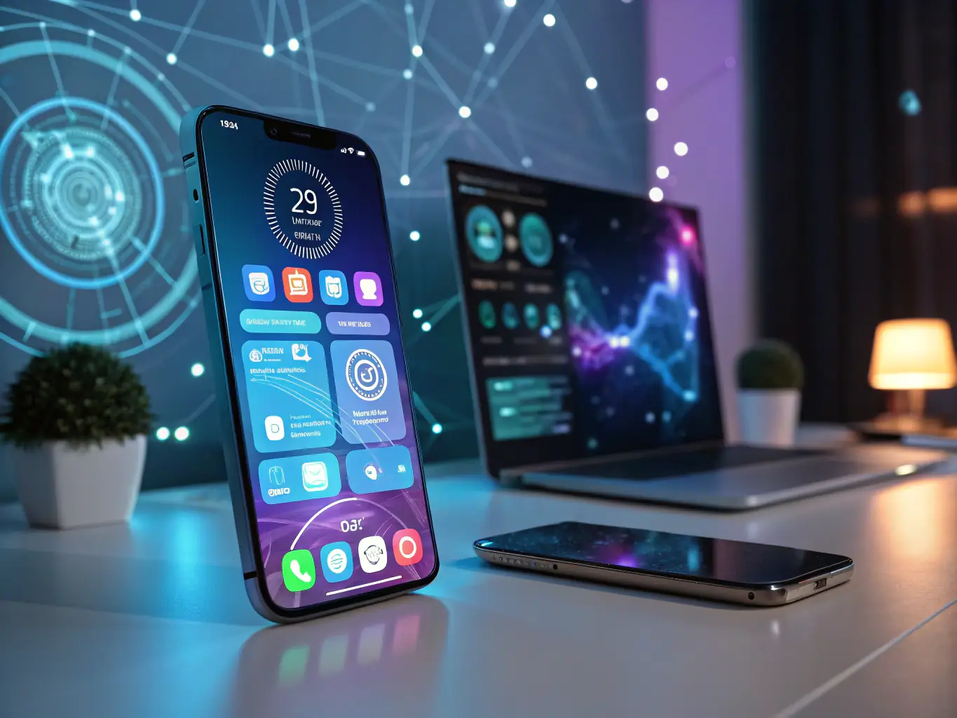 A sleek, modern smartphone displaying an augmented reality application that overlays historical information onto a real-world UK landmark, blending past and present.