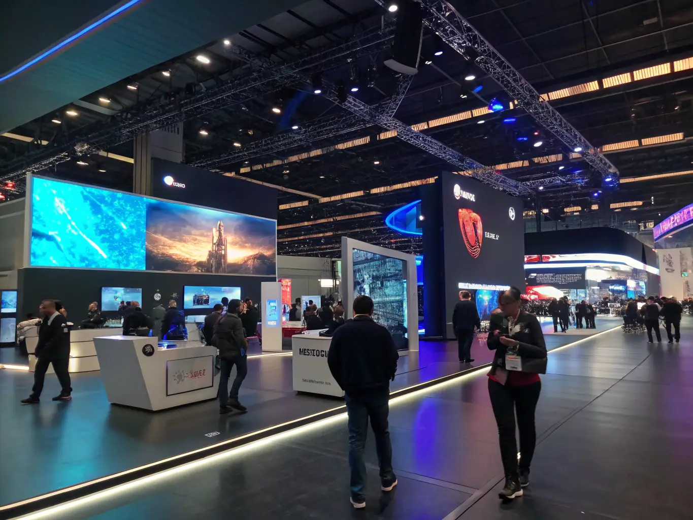 A dynamic photo of a technology expo in London, featuring innovative gadgets and tech demonstrations, attracting a diverse crowd of attendees.