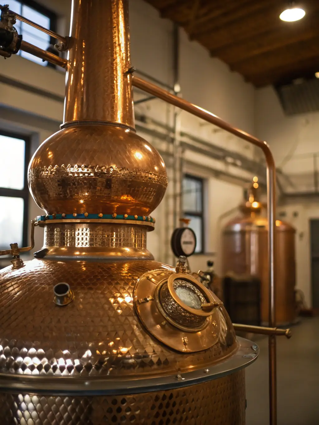 A modern photo of a distillery in Scotland, highlighting its traditional copper stills and whisky-making process.