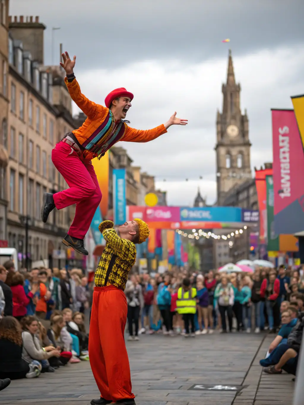An image of the Edinburgh Fringe Festival, showing street performers and crowds enjoying the arts and culture event.