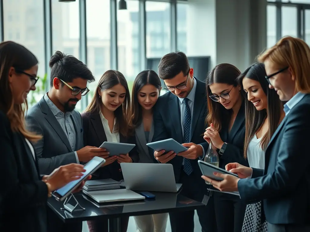 A diverse group of people collaborating on a holographic display in a modern co-working space, showcasing the future of remote collaboration and digital innovation.