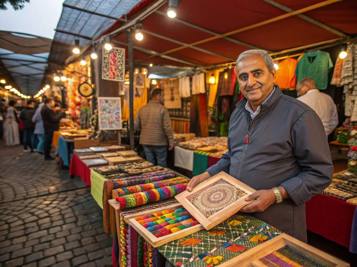 A vibrant image of a local artisan showcasing their craft at a weekend market in a historic UK town, with potential customers browsing their unique products.