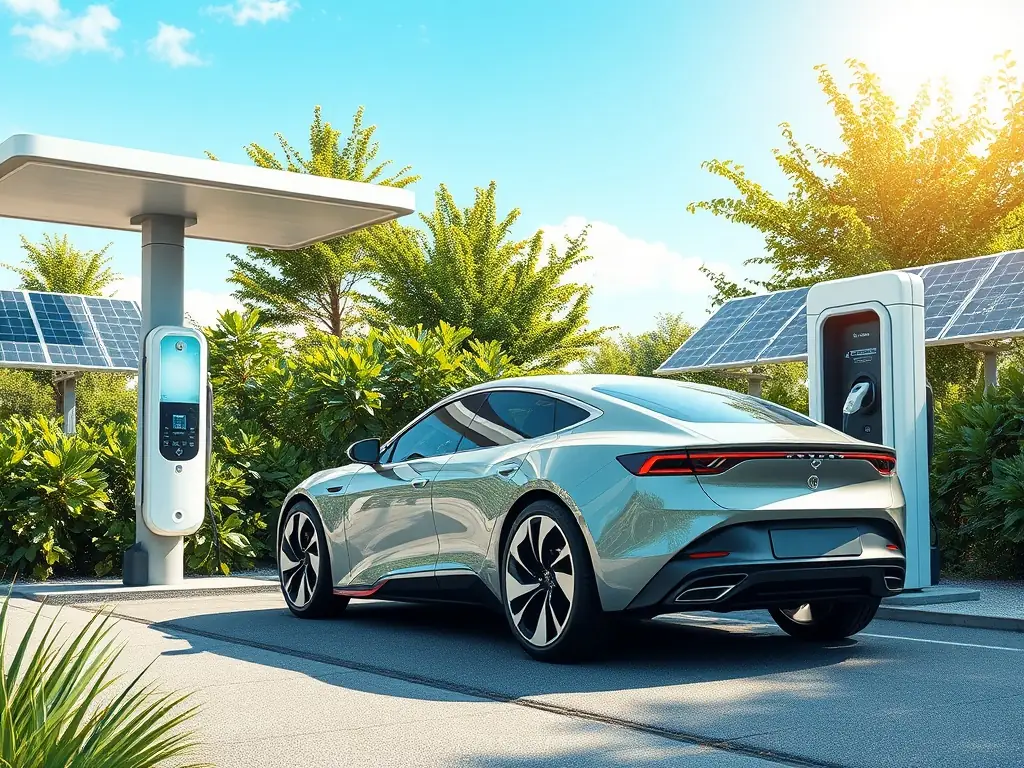 A futuristic electric vehicle charging at a station powered by renewable energy, set against the backdrop of a traditional UK village.